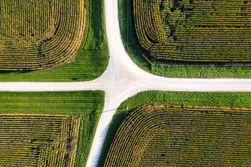 Aerial view of two pale country roads crossing between green crop fields